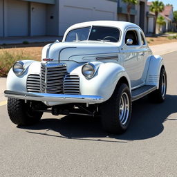 Widebody 1939 Chevrolet Coupe styled as a ratrod, featuring an eye-catching pearl white coat with bold silver racing stripes and sparkling silver specks