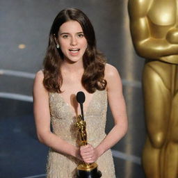 A young 20-year-old brunette woman delivering a speech with her Oscar award