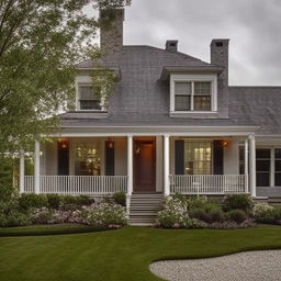 A picturesque house with an inviting front porch, tall windows, brick chimneys, spacious garden and all the cozy details one would imagine in a dream home.