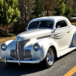 Widebody 1939 Chevrolet Coupe styled as a ratrod, featuring an eye-catching pearl white coat with bold silver racing stripes and sparkling silver specks