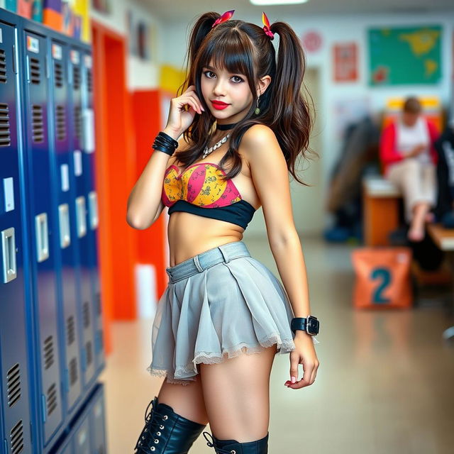 A hot school girl wearing a stylish outfit that includes a fashionable short skirt and trendy bra-style boots, confidently posed in a school environment