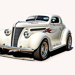 Widebody 1939 Chevrolet Coupe styled as a ratrod, featuring an eye-catching pearl white coat with bold silver racing stripes and sparkling silver specks