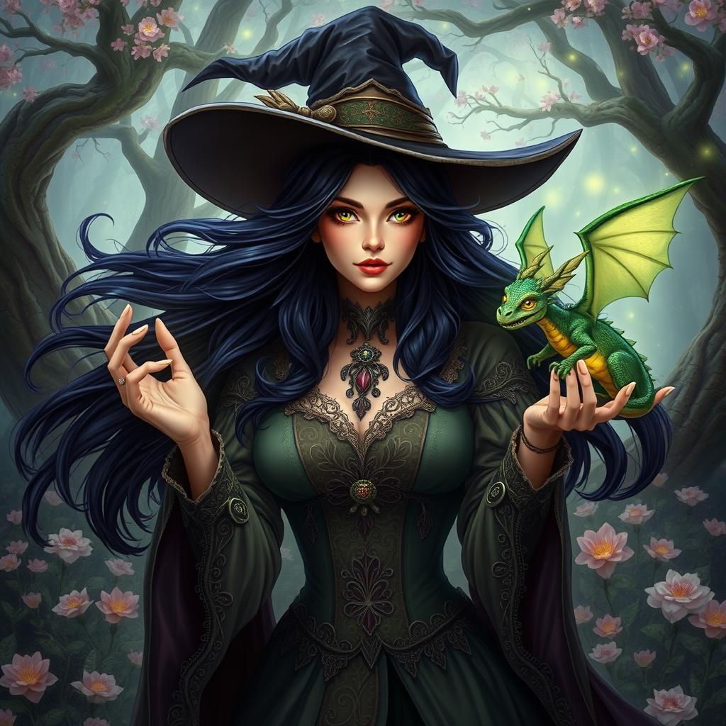 A beautiful witch with flowing dark hair, wearing an elegant and mystical outfit adorned with intricate details, casting spells with a delicate gesture