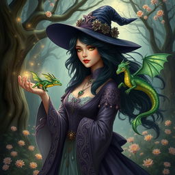 A beautiful witch with flowing dark hair, wearing an elegant and mystical outfit adorned with intricate details, casting spells with a delicate gesture