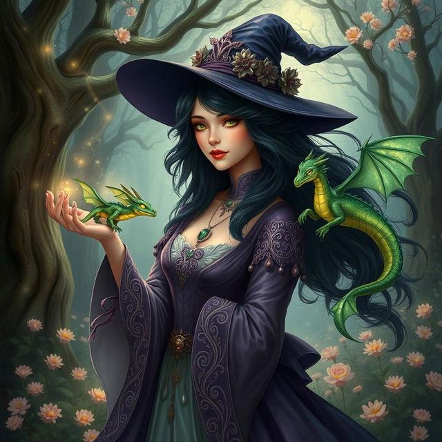 A beautiful witch with flowing dark hair, wearing an elegant and mystical outfit adorned with intricate details, casting spells with a delicate gesture