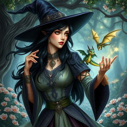 A beautiful witch with flowing dark hair, wearing an elegant and mystical outfit adorned with intricate details, casting spells with a delicate gesture