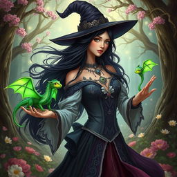 A beautiful witch with flowing dark hair, wearing an elegant and mystical outfit adorned with intricate details, casting spells with a delicate gesture