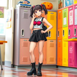 A stylish high school girl from UDS wearing a fashionable outfit that includes a short skirt and trendy bra-style boots, posed confidently in a vibrant school environment