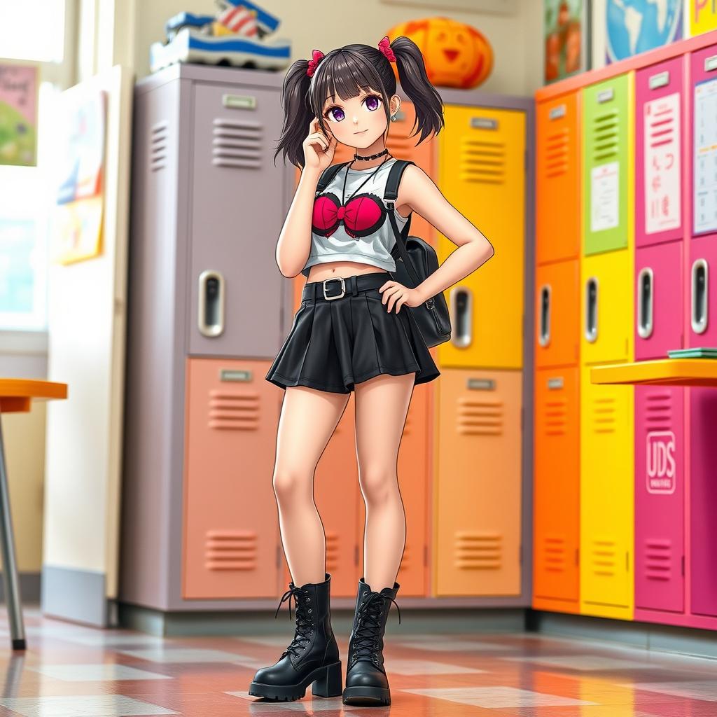 A stylish high school girl from UDS wearing a fashionable outfit that includes a short skirt and trendy bra-style boots, posed confidently in a vibrant school environment