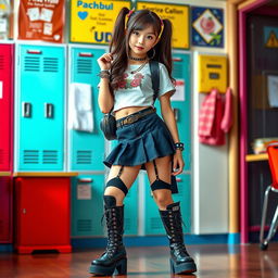 A stylish high school girl from UDS wearing a fashionable outfit that includes a short skirt and trendy bra-style boots, posed confidently in a vibrant school environment