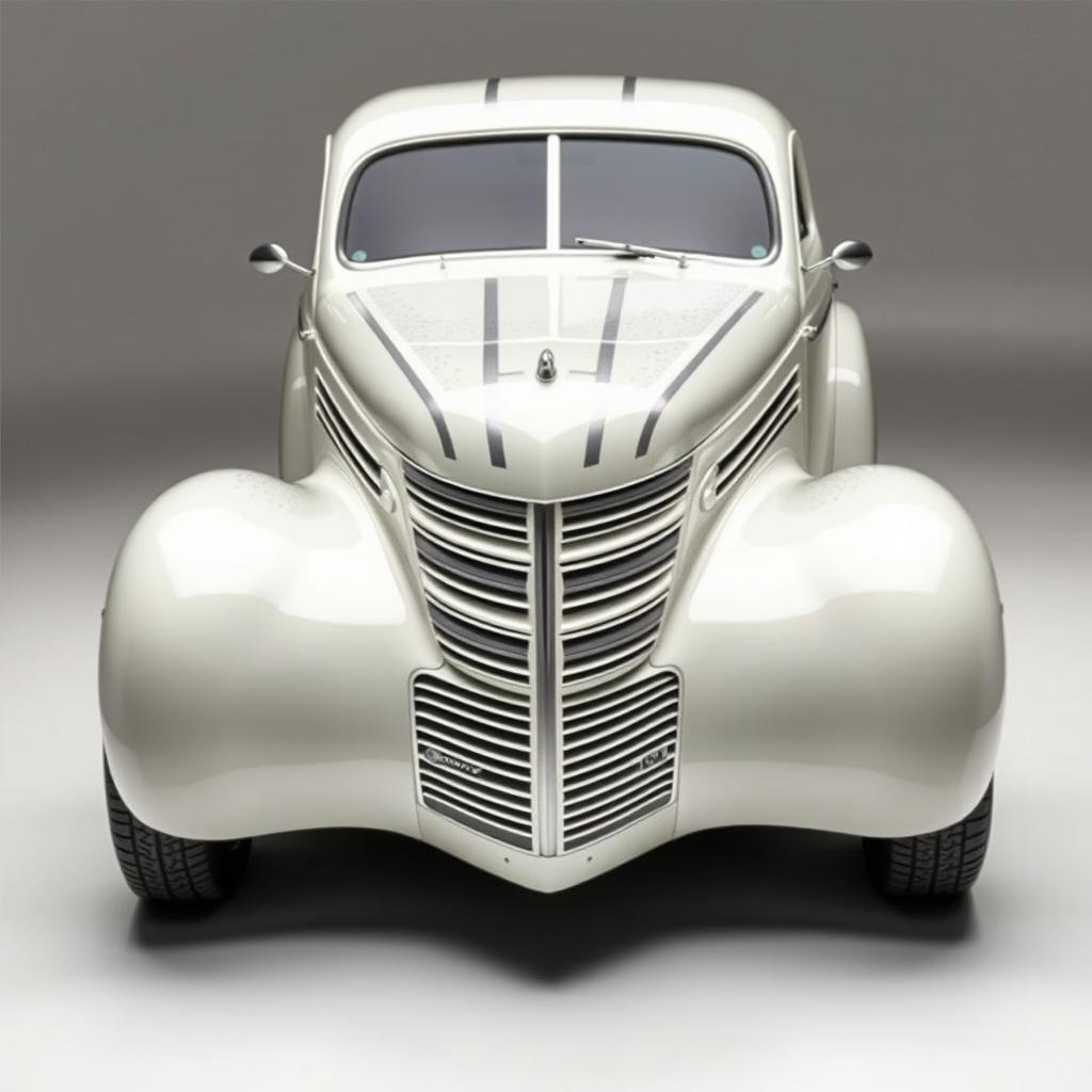 Widebody 1939 Chevrolet Coupe designed as a ratrod, featuring a stunning pearl white coat with bold silver racing stripes accented by shimmering silver specks