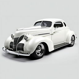 Widebody 1939 Chevrolet Coupe designed as a ratrod, featuring a stunning pearl white coat with bold silver racing stripes accented by shimmering silver specks