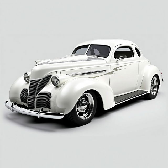 Widebody 1939 Chevrolet Coupe designed as a ratrod, featuring a stunning pearl white coat with bold silver racing stripes accented by shimmering silver specks