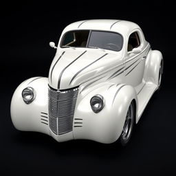 Widebody 1939 Chevrolet Coupe designed as a ratrod, featuring a stunning pearl white coat with bold silver racing stripes accented by shimmering silver specks