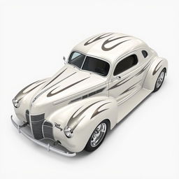 Widebody 1939 Chevrolet Coupe designed as a ratrod, featuring a stunning pearl white coat with bold silver racing stripes accented by shimmering silver specks