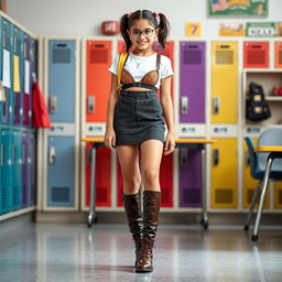 A stylish American girl wearing a fashionable outfit that includes a short skirt and trendy knee-high bra boots, confidently posed in a school environment