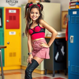 A stylish American girl wearing a fashionable outfit that includes a short skirt and trendy knee-high bra boots, confidently posed in a school environment