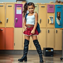 A stylish American girl wearing a fashionable outfit that includes a short skirt and trendy knee-high bra boots, confidently posed in a school environment