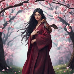 A beautiful witch with long flowing dark hair and an enchanting aura, dressed in a flowing, richly colored robe with intricate patterns