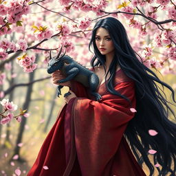 A beautiful witch with long flowing dark hair and an enchanting aura, dressed in a flowing, richly colored robe with intricate patterns