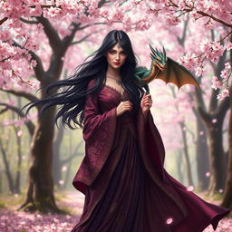 A beautiful witch with long flowing dark hair and an enchanting aura, dressed in a flowing, richly colored robe with intricate patterns