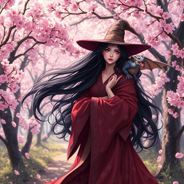 A beautiful witch with long flowing dark hair and an enchanting aura, dressed in a flowing, richly colored robe with intricate patterns