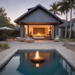 A small beach house with a compact pool in front and a cozy fire pit. The atmosphere presents a perfect blend of cozy beach charm with modern functionality.