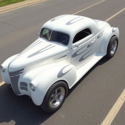 Widebody 1939 Chevrolet Coupe designed as a ratrod, featuring an eye-catching pearl white coat with bold silver racing stripes