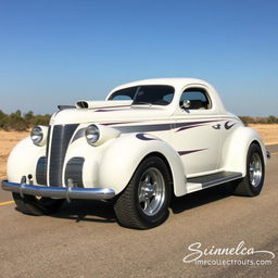 Widebody 1939 Chevrolet Coupe designed as a ratrod, featuring an eye-catching pearl white coat with bold silver racing stripes