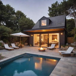 A small beach house with a compact pool in front and a cozy fire pit. The atmosphere presents a perfect blend of cozy beach charm with modern functionality.