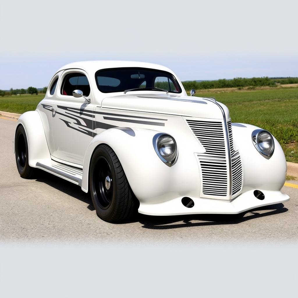 Widebody 1939 Chevrolet Coupe designed as a ratrod, featuring an eye-catching pearl white coat with bold silver racing stripes