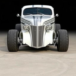 Widebody 1939 Chevrolet Coupe designed as a ratrod, featuring an eye-catching pearl white coat with bold silver racing stripes