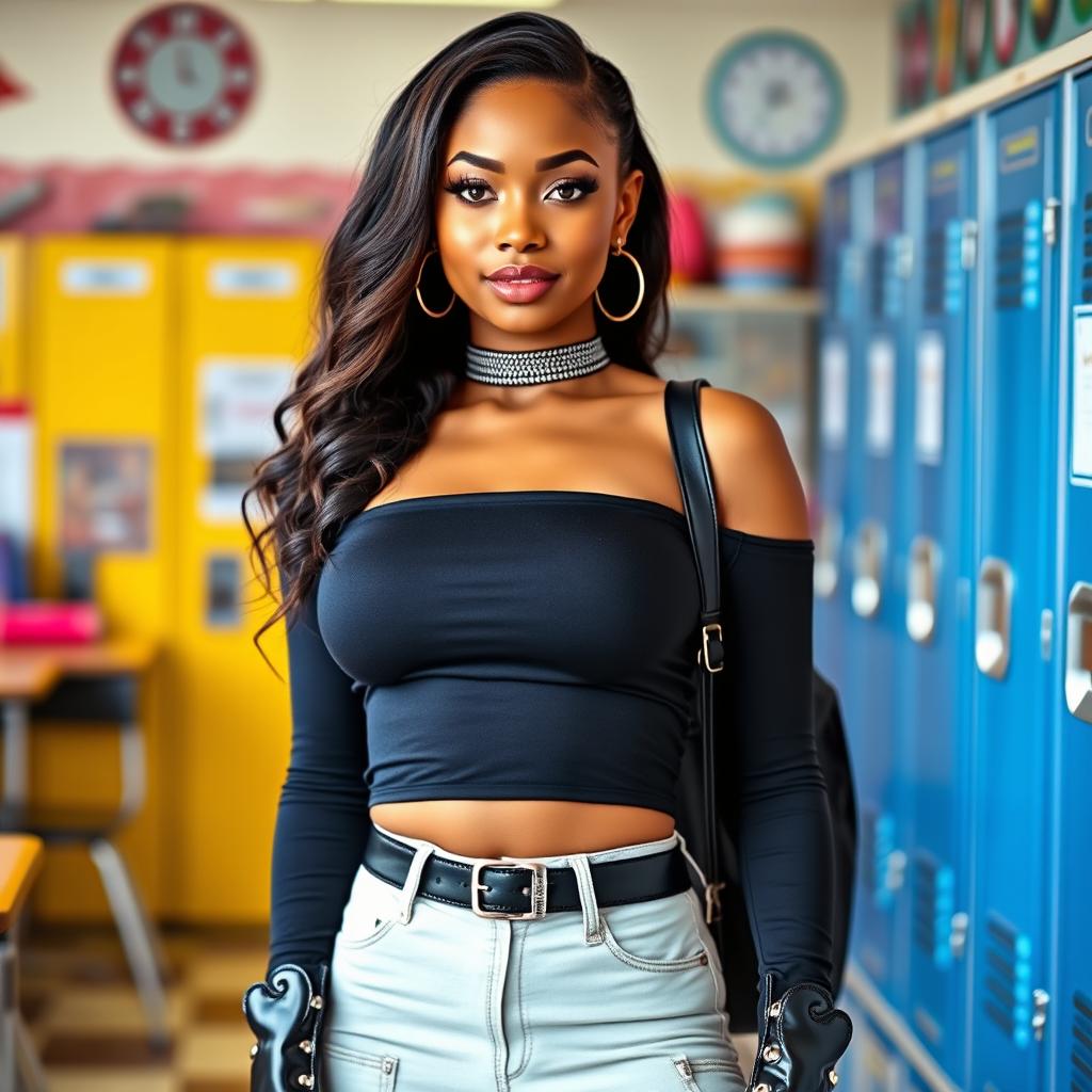 A stunning American woman wearing an eye-catching outfit that includes a stylish black top and fashionable bra boots, confidently posed in a vibrant school setting