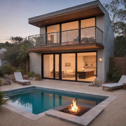 A small beach house with a compact pool in front and a cozy fire pit. The atmosphere presents a perfect blend of cozy beach charm with modern functionality.