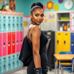 A stunning American woman wearing an elegant black dress that highlights her style, paired with chic bra boots, confidently posed in a lively school setting