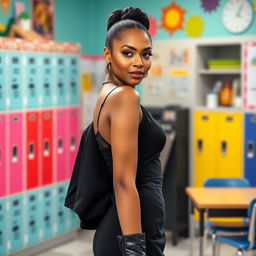 A stunning American woman wearing an elegant black dress that highlights her style, paired with chic bra boots, confidently posed in a lively school setting