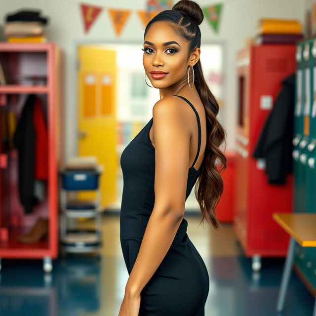 A stunning American woman wearing an elegant black dress that highlights her style, paired with chic bra boots, confidently posed in a lively school setting