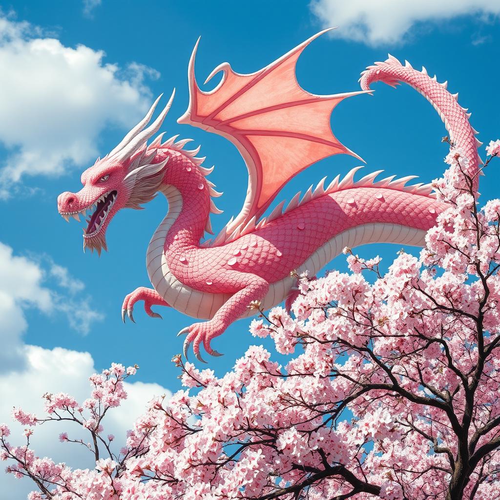 A magnificent dragon adorned with delicate cherry blossom petals, its scales shimmering in hues of pink and white, reflecting the beauty of sakura flowers