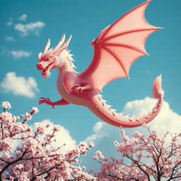 A magnificent dragon adorned with delicate cherry blossom petals, its scales shimmering in hues of pink and white, reflecting the beauty of sakura flowers