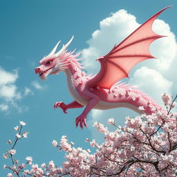 A magnificent dragon adorned with delicate cherry blossom petals, its scales shimmering in hues of pink and white, reflecting the beauty of sakura flowers