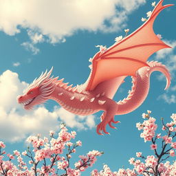 A magnificent dragon adorned with delicate cherry blossom petals, its scales shimmering in hues of pink and white, reflecting the beauty of sakura flowers