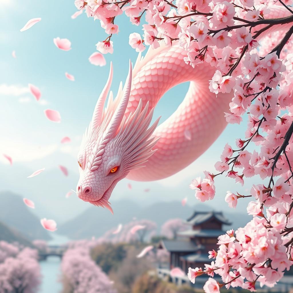 An ethereal dragon intertwined with blooming sakura cherry blossoms, featuring soft, shimmering scales that reflect a pastel pink hue