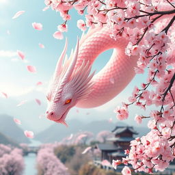 An ethereal dragon intertwined with blooming sakura cherry blossoms, featuring soft, shimmering scales that reflect a pastel pink hue