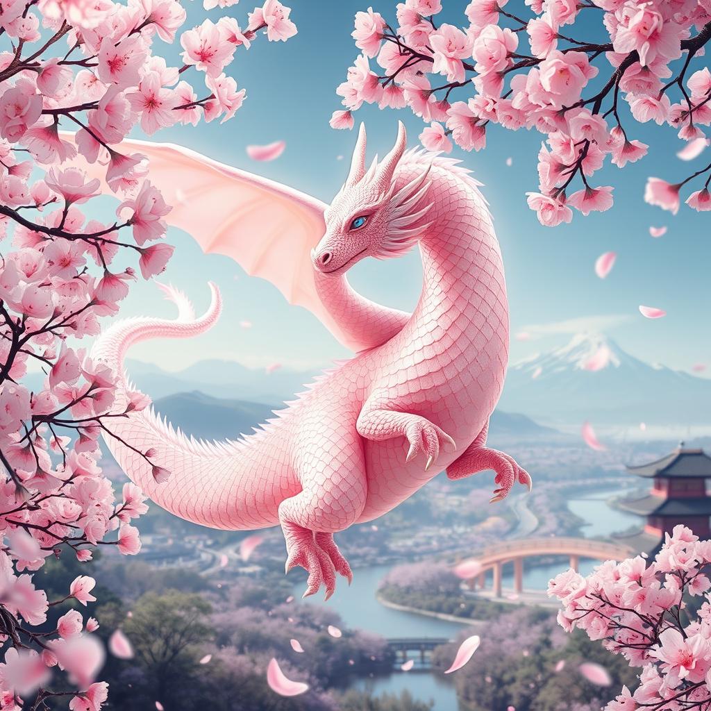 An ethereal dragon intertwined with blooming sakura cherry blossoms, featuring soft, shimmering scales that reflect a pastel pink hue