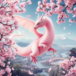 An ethereal dragon intertwined with blooming sakura cherry blossoms, featuring soft, shimmering scales that reflect a pastel pink hue