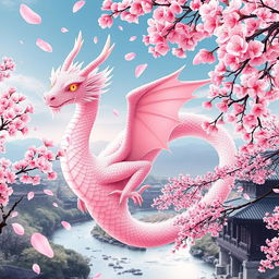 An ethereal dragon intertwined with blooming sakura cherry blossoms, featuring soft, shimmering scales that reflect a pastel pink hue