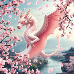 An ethereal dragon intertwined with blooming sakura cherry blossoms, featuring soft, shimmering scales that reflect a pastel pink hue