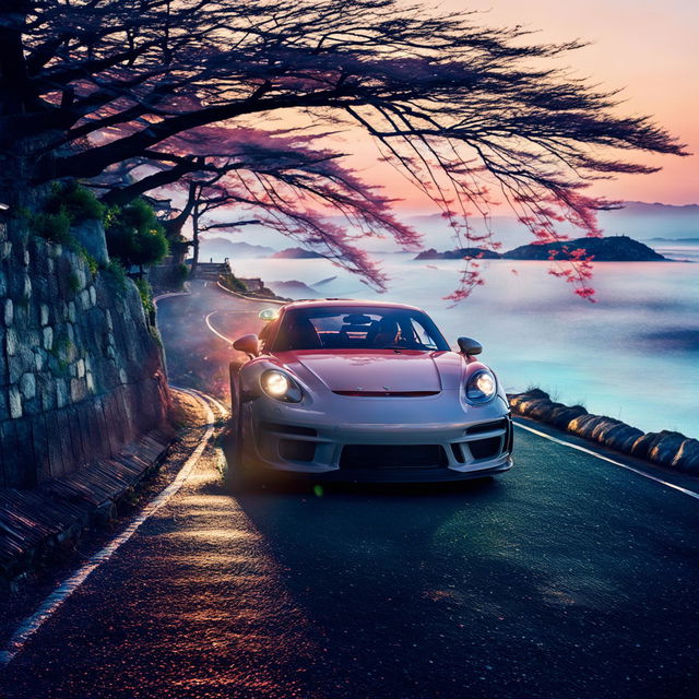 A Porsche GT3 driving through the hills next to the sea in early morning, captured in Yousuf Karsh's style with sakura particles floating around.