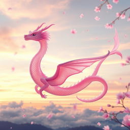 An ethereal sakura long dragon, gracefully soaring through a sky filled with soft pastel colors at sunset