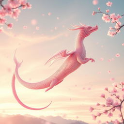 An ethereal sakura long dragon, gracefully soaring through a sky filled with soft pastel colors at sunset